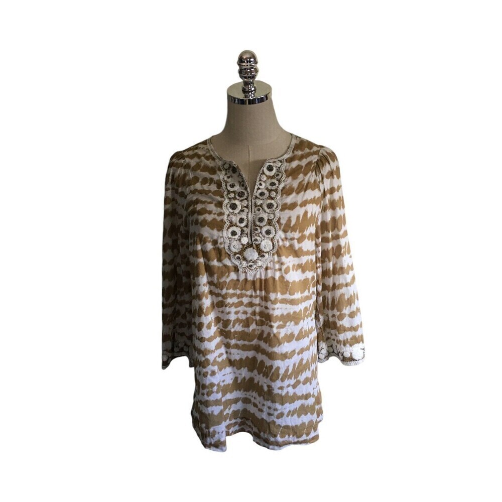 Tory Burch Top Women's Size 4 White Tan Tie Dye Long Sleeve Beads Embroidery